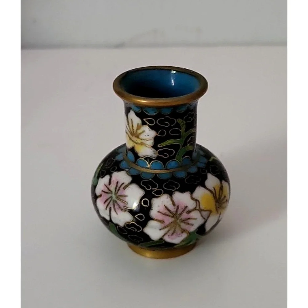 VINTAGE MINIATURE MINI CHINESE CLOISONNE VASE BLUE & PINK FLORAL 2
